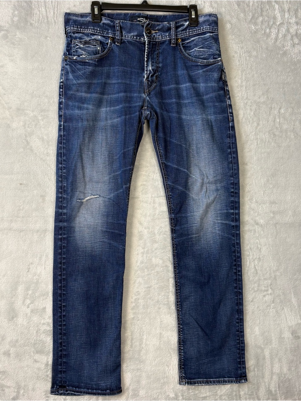 Silver Jeans Size 31x32 Allan Straight Dark Wash Mid Rise Fit 34x32 Distressed